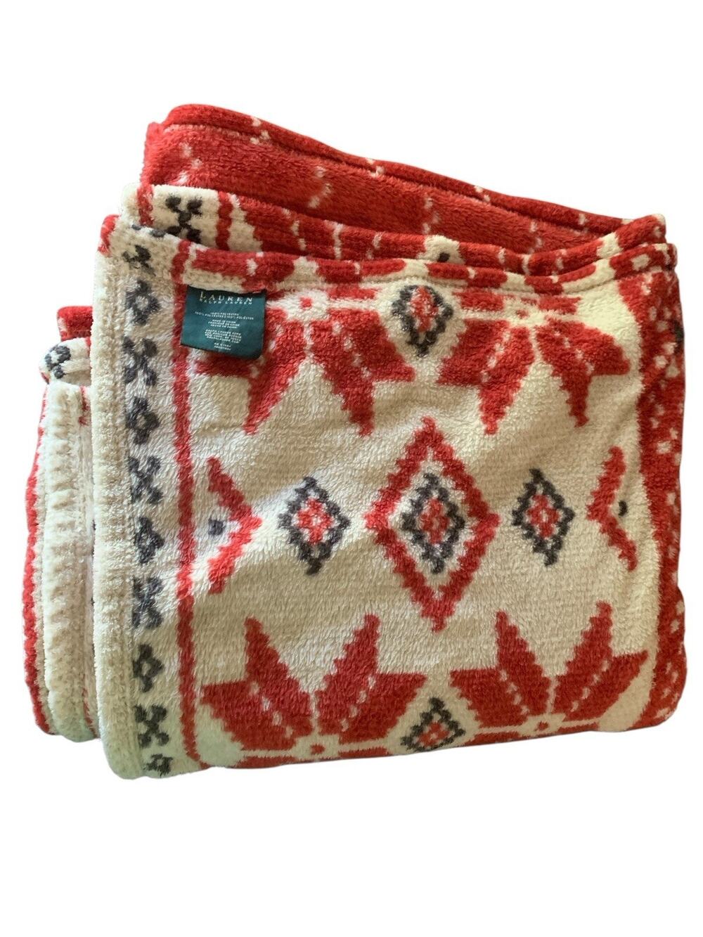 Ralph‎ Lauren Snowflake Throw Blanket Aztec Red Black Soft & Cozy 58”W X 66”L